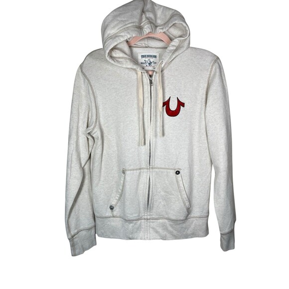 True Religion Classic Hoodie Mens Medium Ivory Full Zip Sweatshirt World Tour - Picture 1 of 12